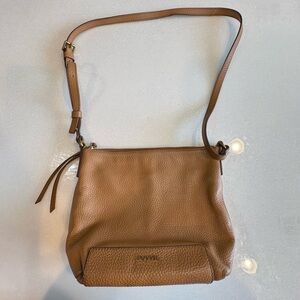 Fossil Tan Pebbled Leather Crossbody Bag  Minimalist Buckle Adjustable Strap
